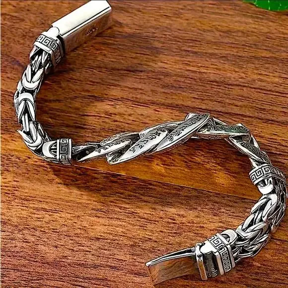 Stainless Steel Chain Link Bracelet, Mantra, Curb Hand Woven Engraved Byzantine